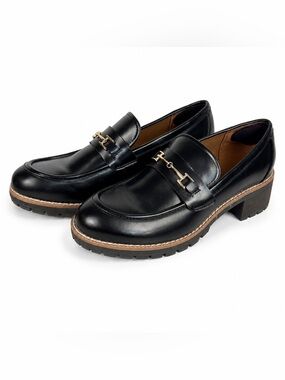 Dream Pairs Black Chunky Loafer Heels Gold Horsebit Lug Sole 8.5